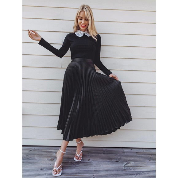 Preppy Embroidery lace Collar Rib knit long sleeve Top black white - Picture 4 of 4